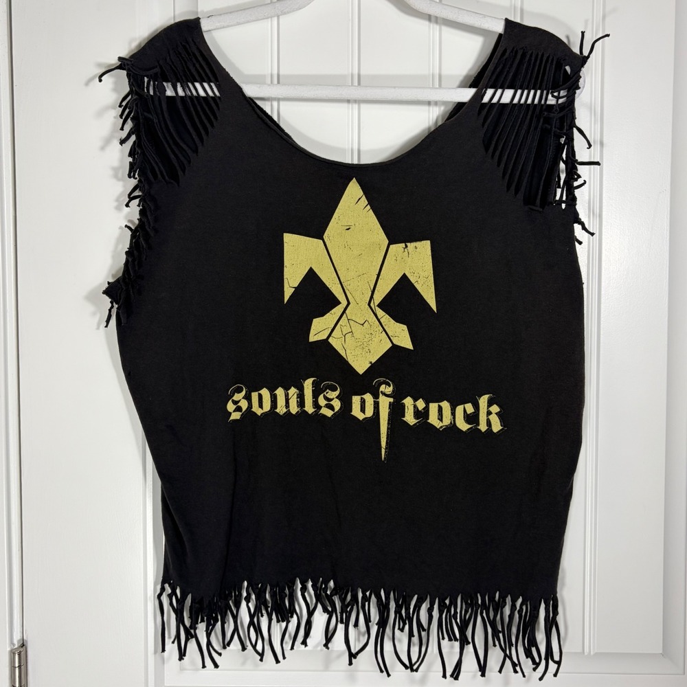 Souls of Rock Graphic Tank Top Black Fringe Distressed Fleur De Lis Punk Rock